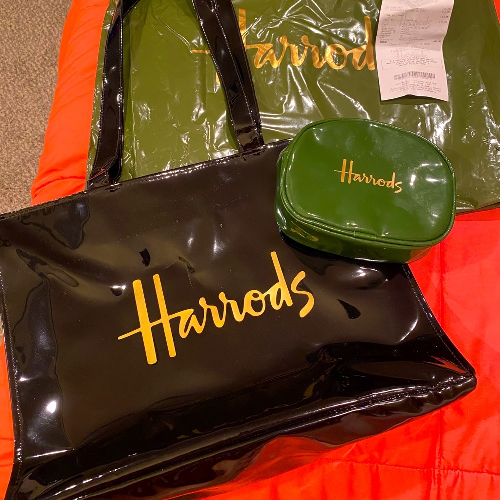 HARRODS London Black Tote and Olive Makeup Bag